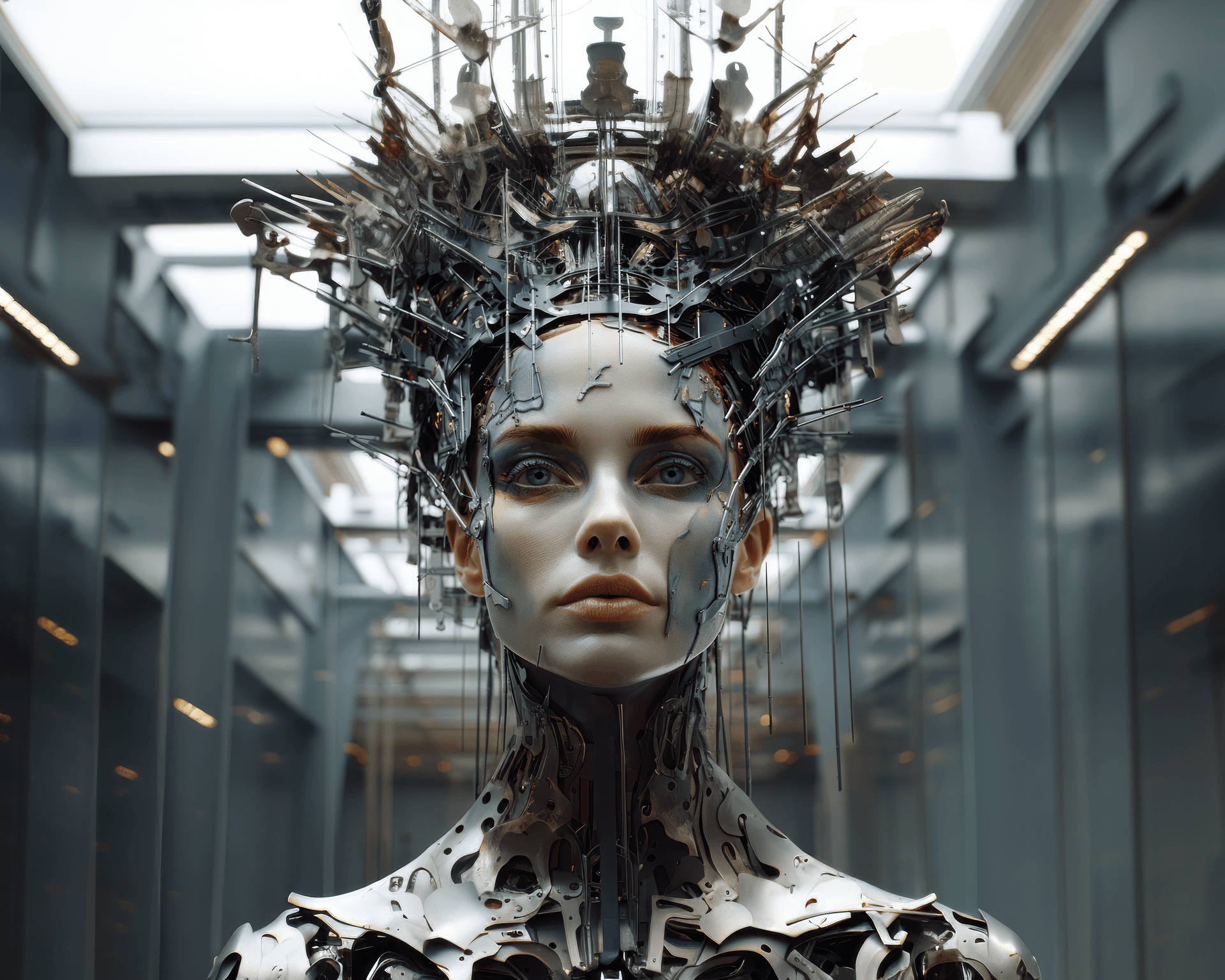 AI generated: a large metal sculpture of a woman's face with a metal frame around it. Her face appears to be made ...