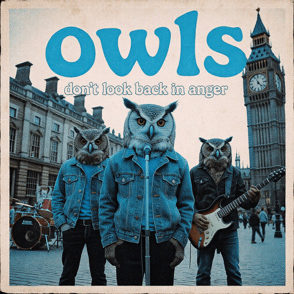 AI generated: A poster design of a blues-rock band called “owls”,three owls posing in London square,one owl is sin...