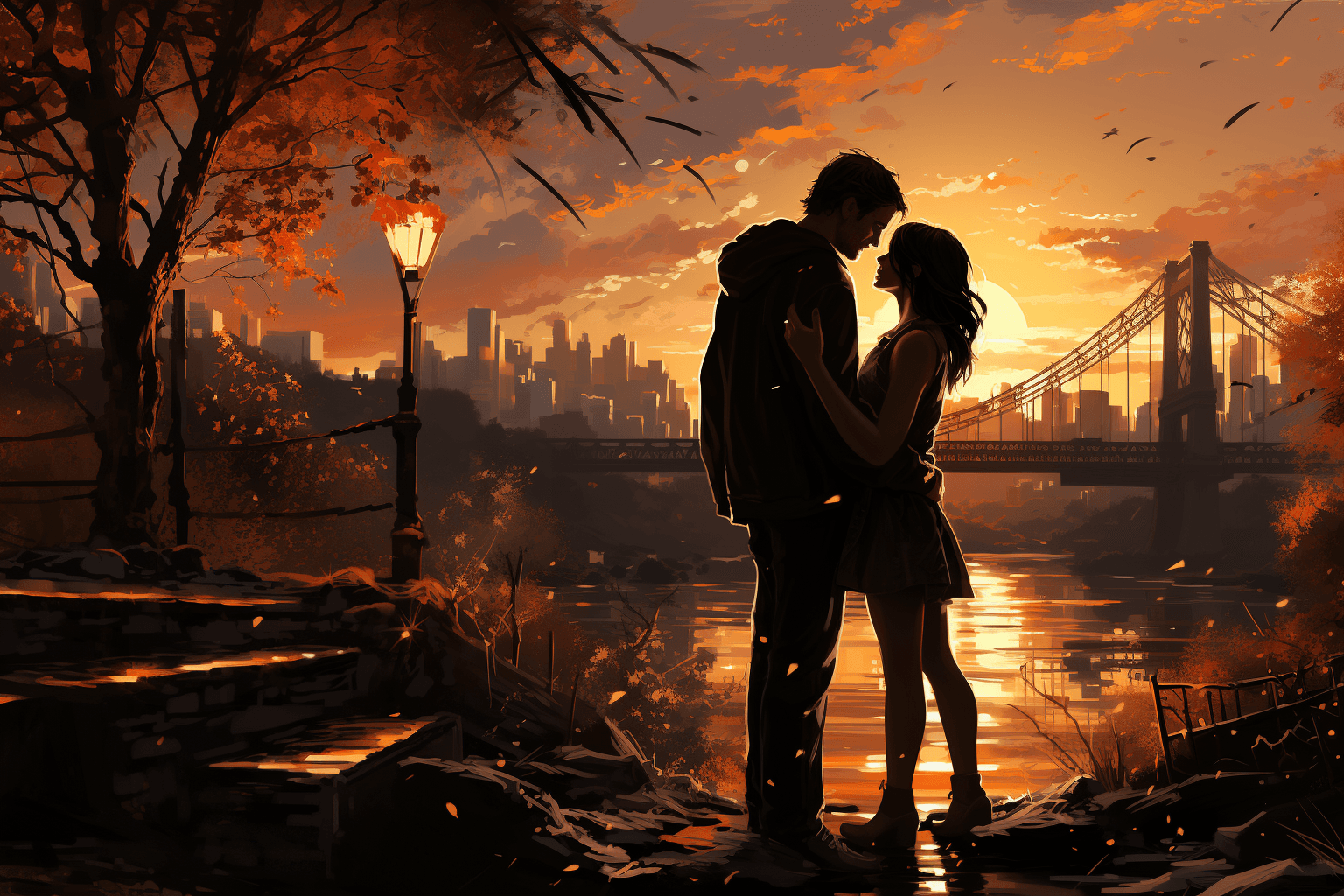 AI generated: ((masterpiece)), (best quality), (detailed), modern bridge, sunrise, couple kissing, peaceful ambian...