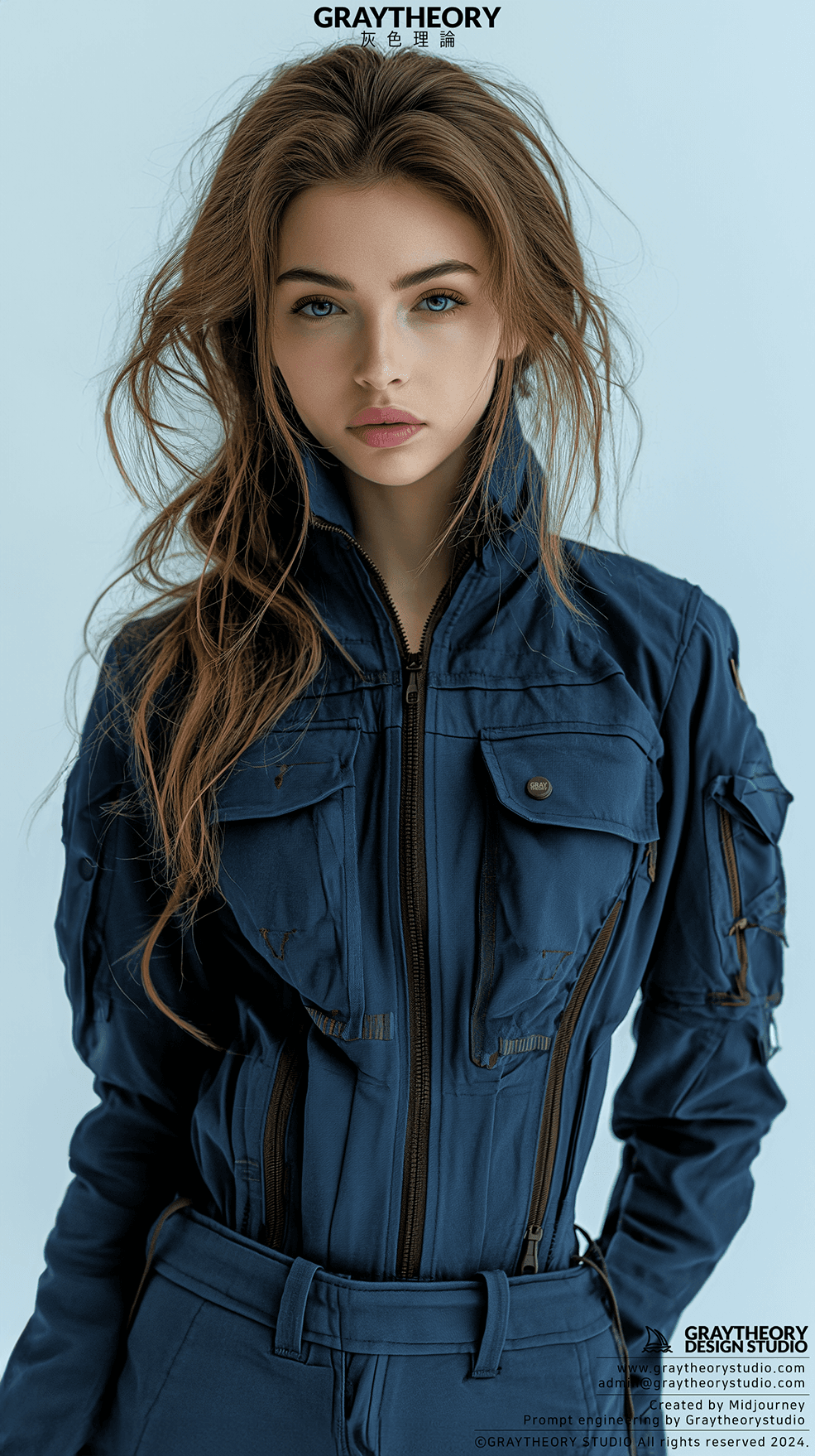 AI generated: Photograph, woman, model, blue millitary, stylish hair, solid white environment, studio lights