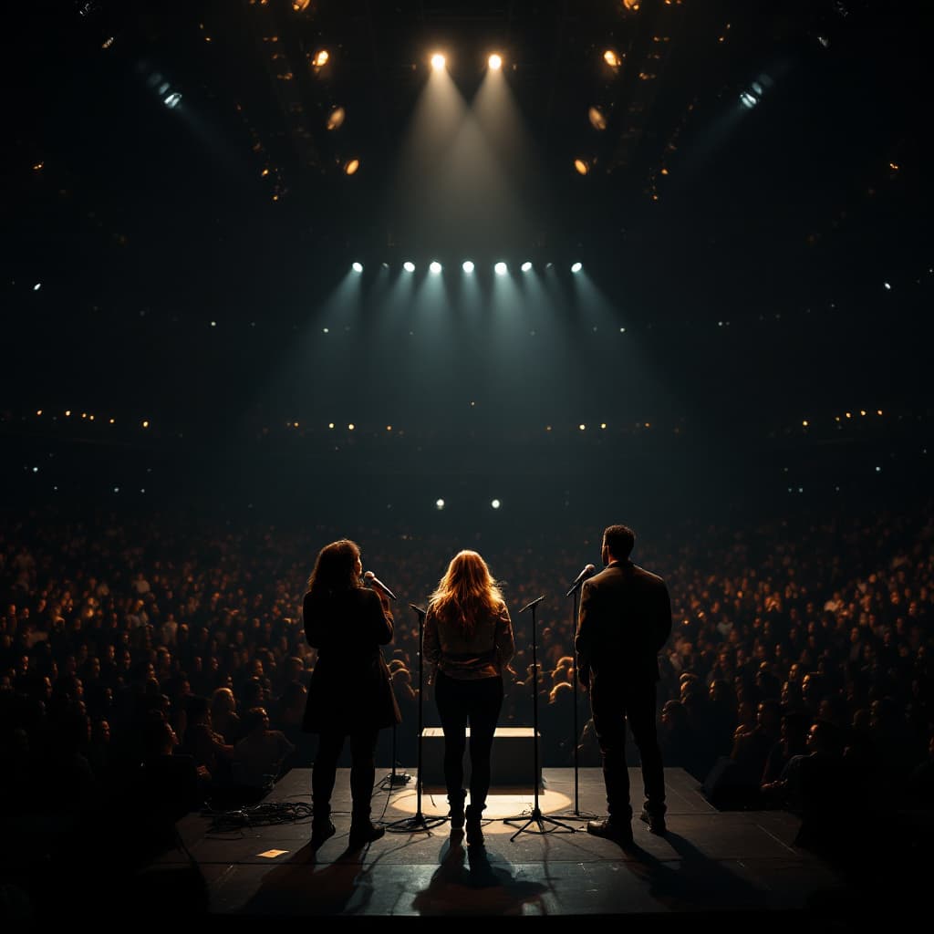 AI generated: concert venue, very tall ceilings like football stadium, audience is mostly shrouded because it is d...