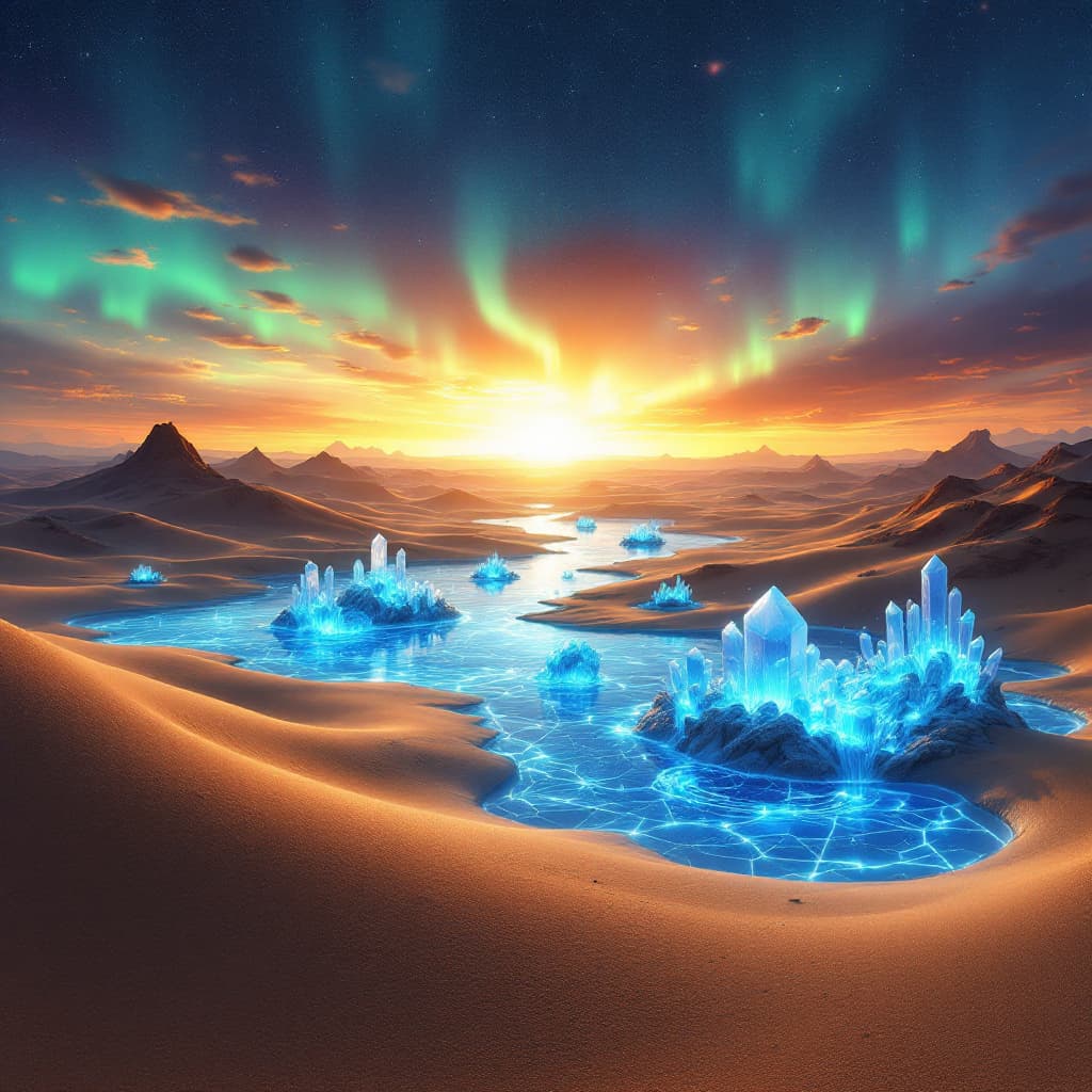 AI generated: A vast desert landscape where digital oases emerge - pools of glowing blue data with crystalline str...