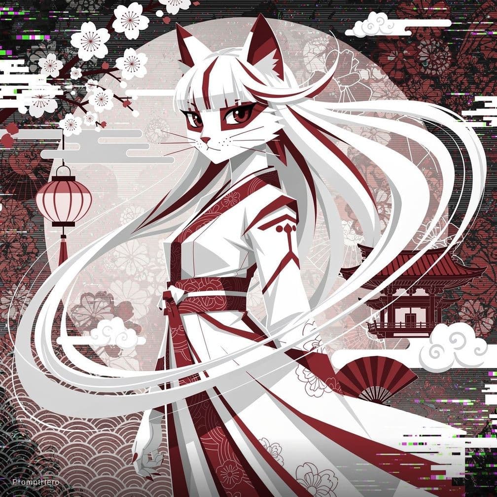 AI generated: A Japanese cat is portrayed in an abstract, geometric style using the colors white and red, with tra...