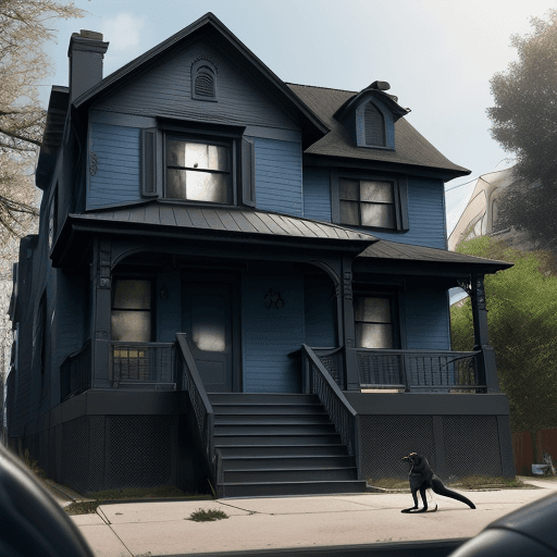 AI generated: Hyper realistic really heavy black suit case on a blue house down the block, on the porch with a dog...