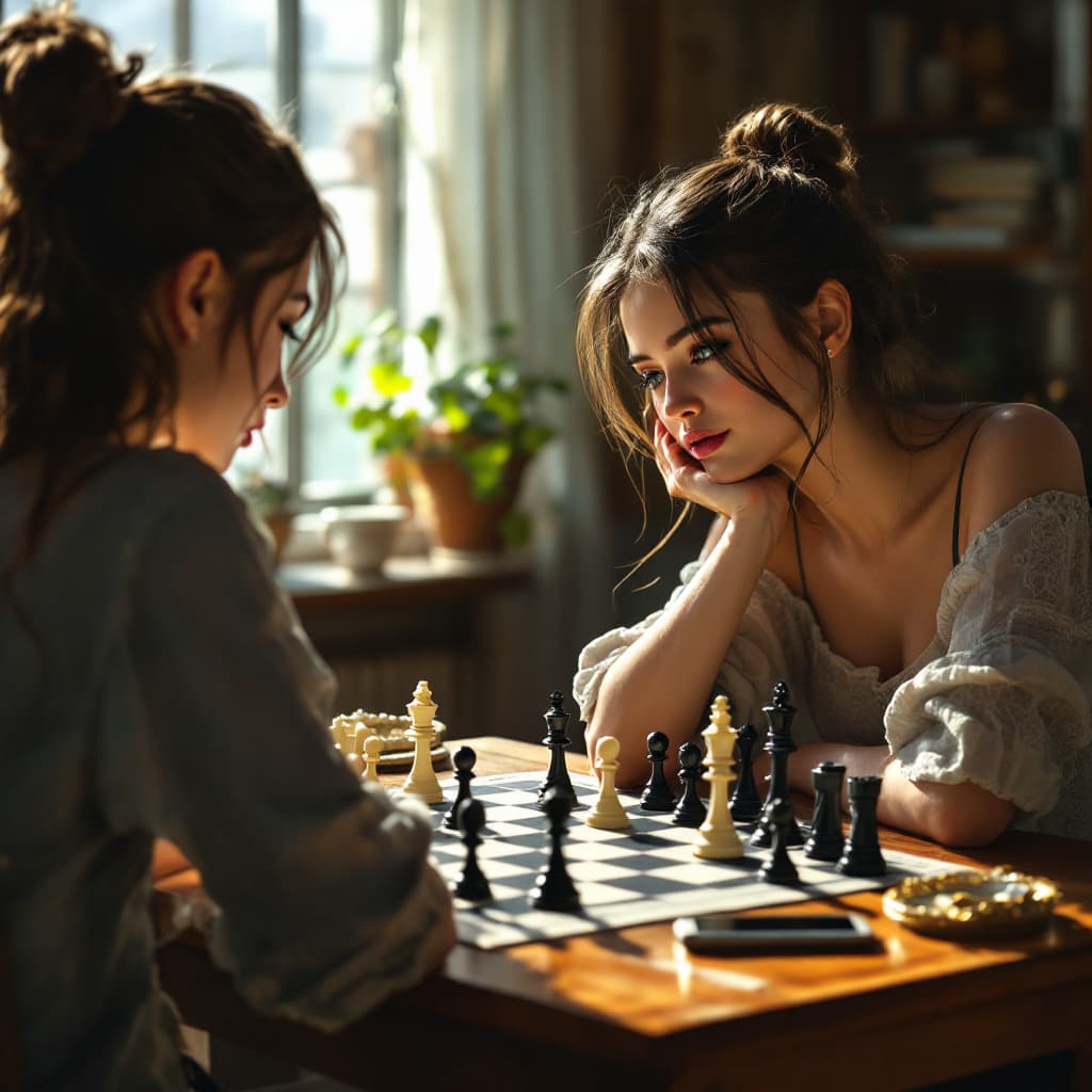 AI generated: 1girl, Masterpiece painting of two girls around the age of 30 playing in a chess tournament, indoors...
