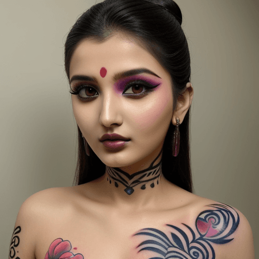 AI generated: closeup of a woman who looks like tara sutaria wearing artistic colorful tattoo makeup, like koreans...