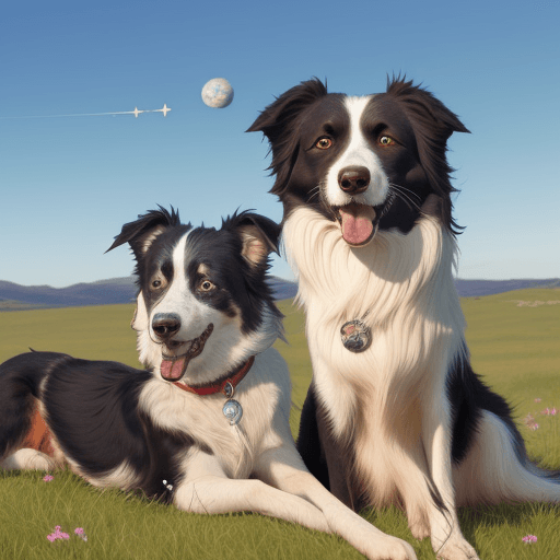 AI generated: A pirate-faced border collie sits with another companion on a real grassland, smiling happily, with ...
