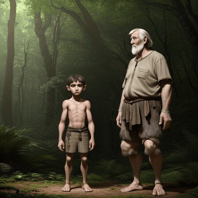 AI generated: frontal view of a young prehistoric boy and a tall and old prehistoric man.  Boy and Man stand nearb...