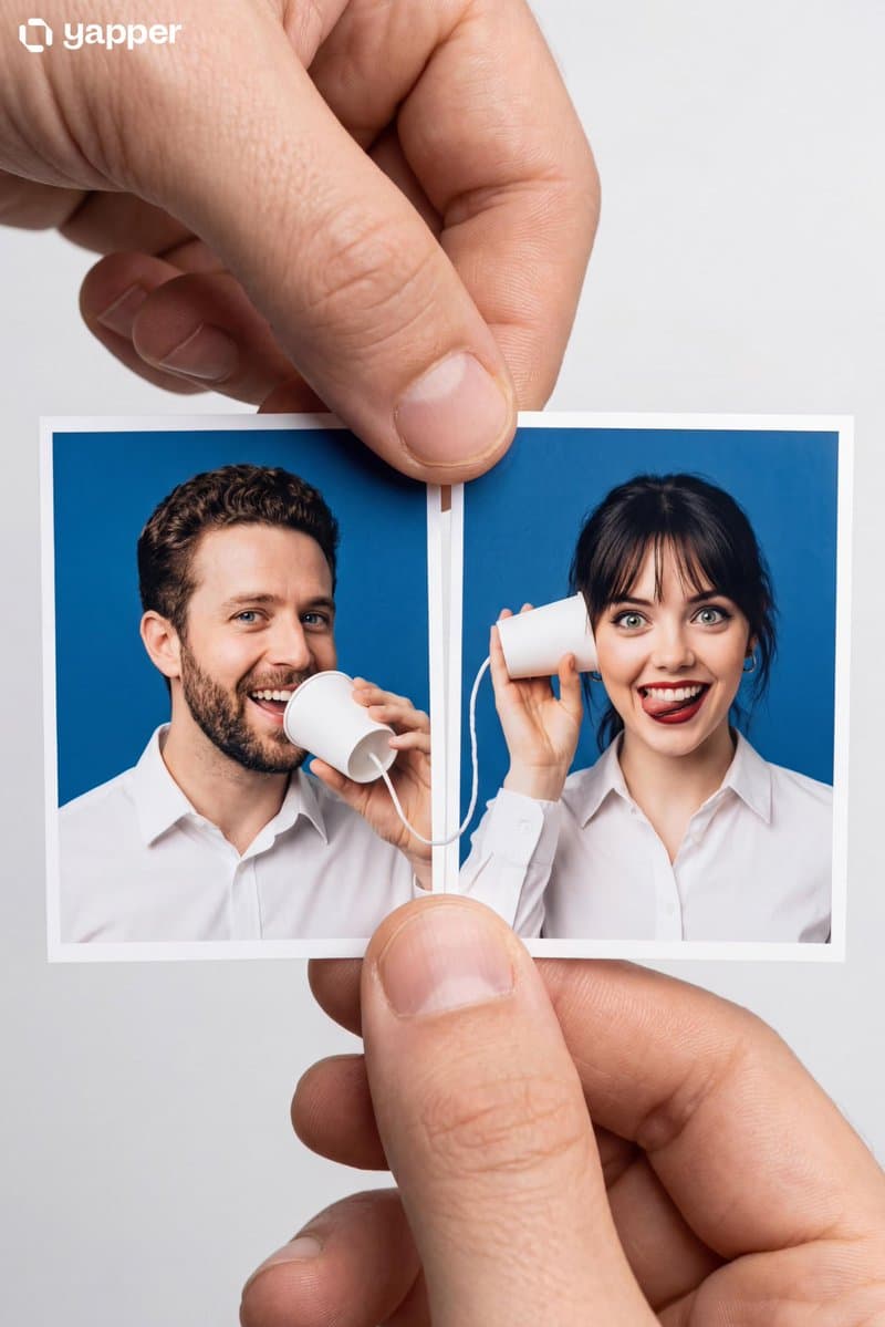 AI generated: Create a Portrait Master Object: Two passport-sized photo prints held side-by-side by a person's thu...