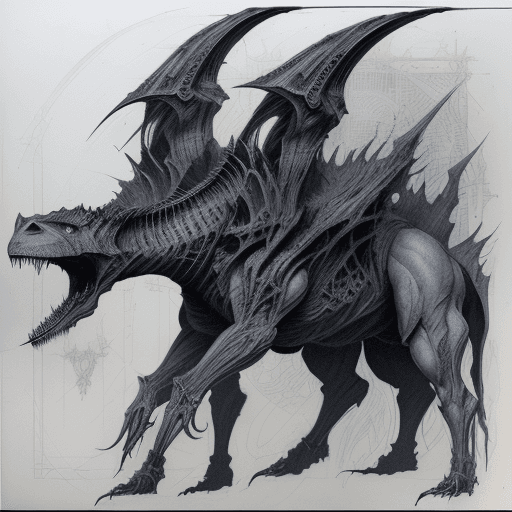 AI generated: H.r. Giger color intricate full page scan blueprint of concept art dark creature, sketch ink style w...