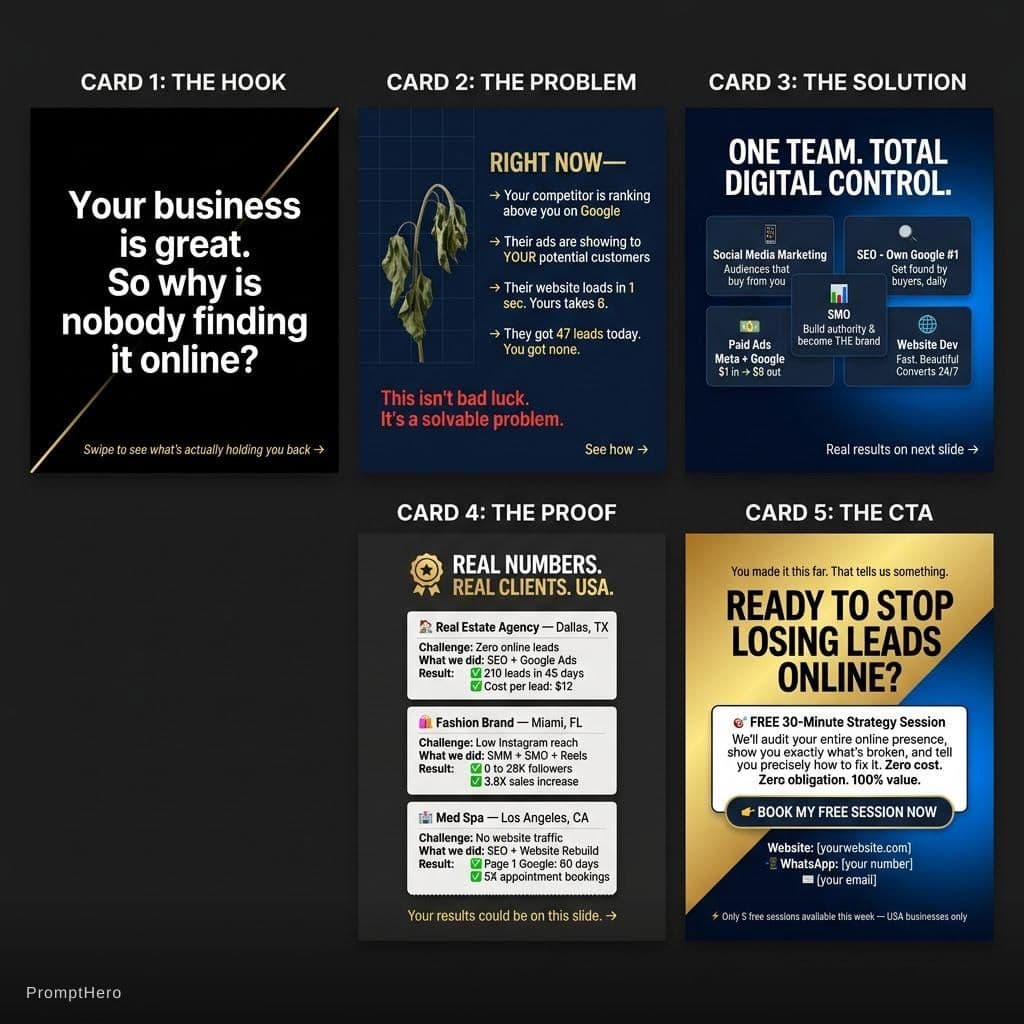 AI generated: Design a premium 5-card Instagram carousel ad that tells a story.
Each card: 1080x1080px. Dark theme...