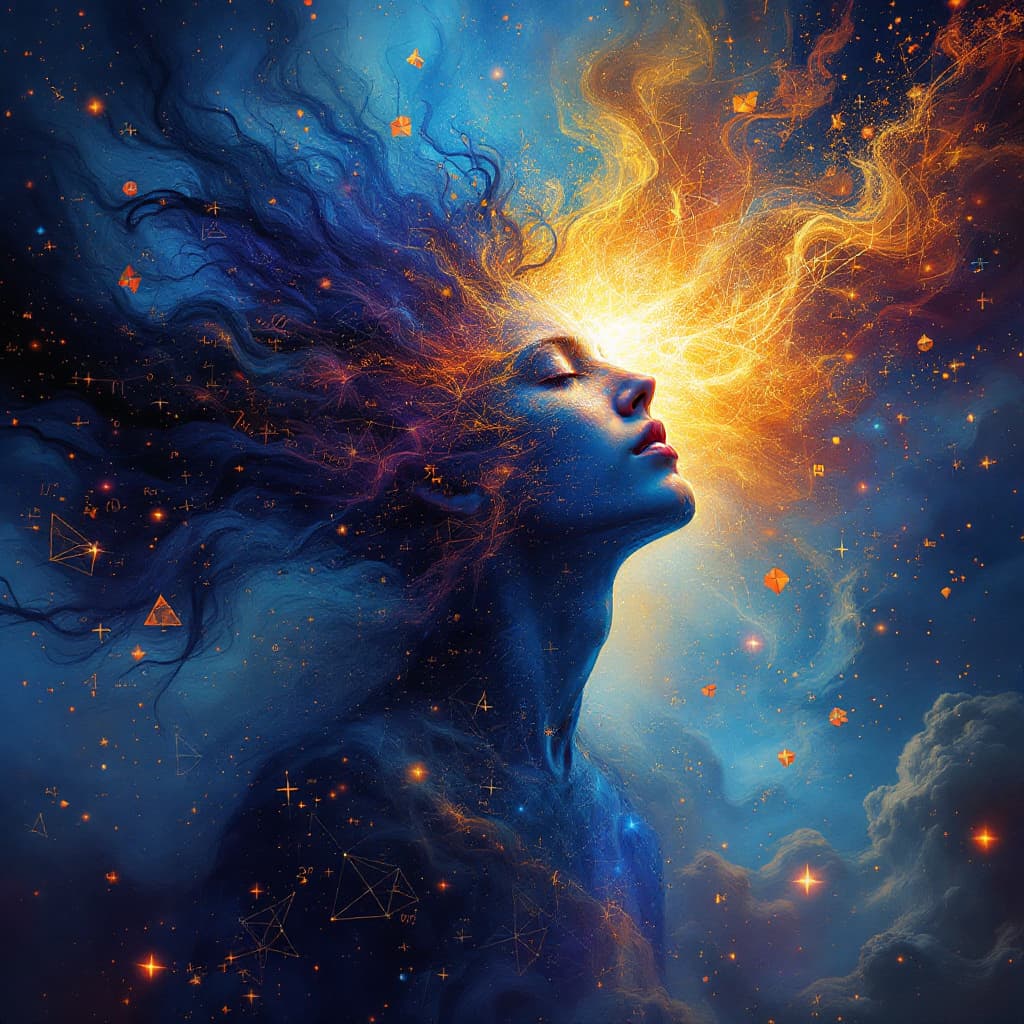 AI generated: Generate a visually striking image of a mathematician who is also an artist, embodying desire, passi...