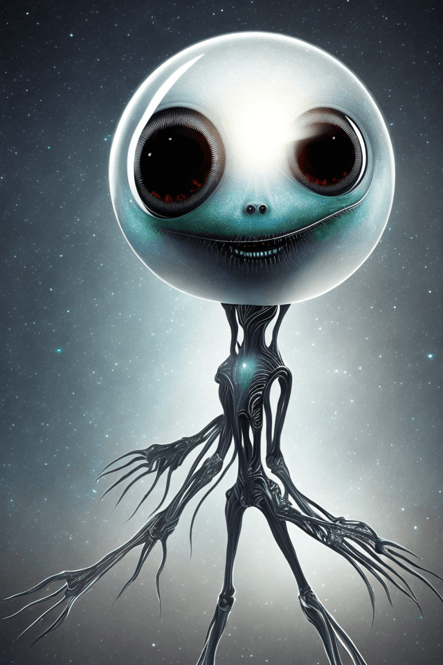 AI generated: an alien made of crystal::2 big shiny black eyes, soulful eyes::planet in the background --v 4 --q 2...