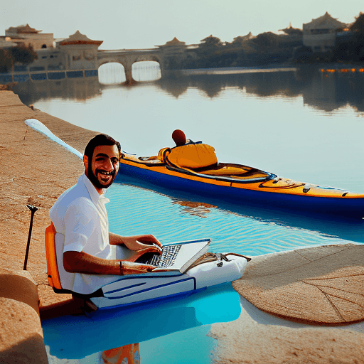 AI generated: a a smiling real arab guy wearing white shirt is working on his laptop from small kayak in the river...