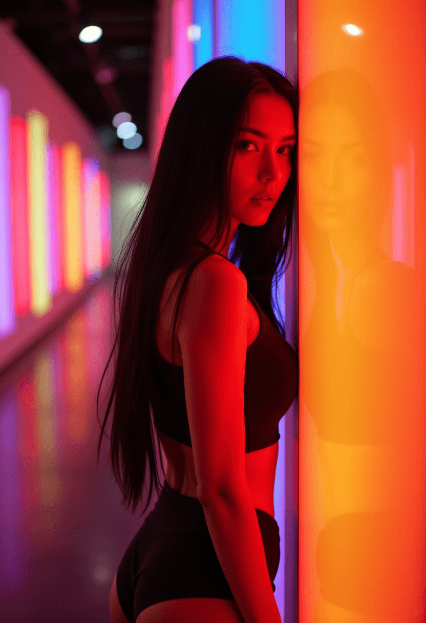 AI generated: A woman with long, sleek, shiny black hair stands from the side, wearing a tank top and shorts, lean...