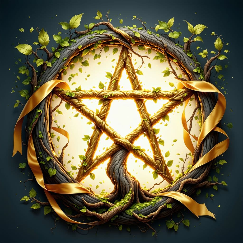 AI generated: A gold pentacle wrapped in gold ribbon  tree vines wood branches extra detailed 