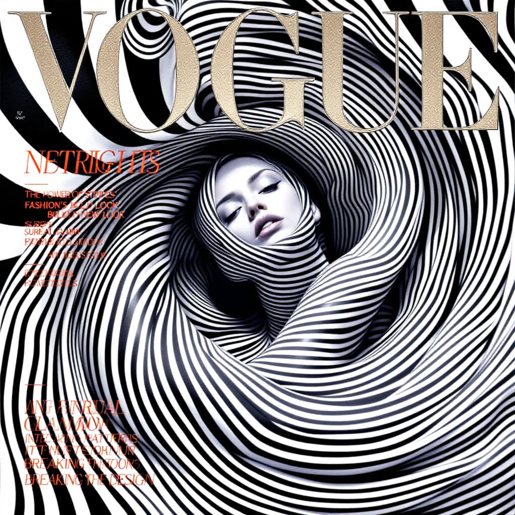 AI generated: VOGUE magazine cover featuring a mesmerizing woman wrapped in a swirling vortex of stripes. The line...
