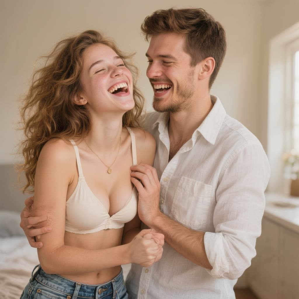 AI generated: Female teenage braless unbuttoned shirt joyfully with her husband 