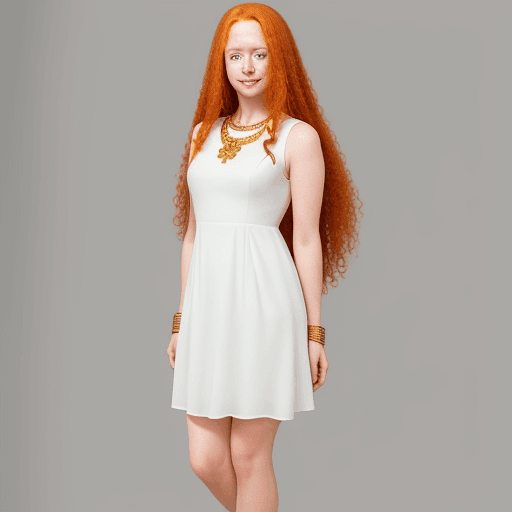 AI generated: A woman with long ginger hair and freckles with gold jewelry wearing a cute white dress , full body ...