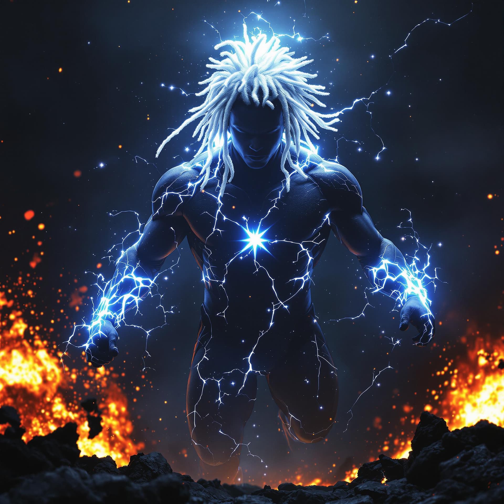 AI generated: front view of a PHOTOrealistic african american superHERO with white glowing short dreadlocks, his b...
