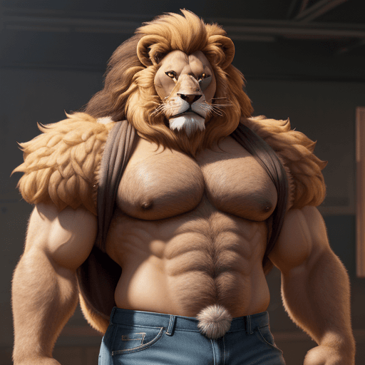 AI generated: Lion, anthropomorphic, furry, buff, hairy, jean shorts, 4k, hyper realistic, fluffy chest hair, fluf...