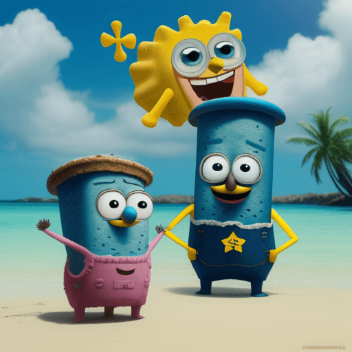 AI generated: bob esponja patricio estrella y calamardo musculosos
