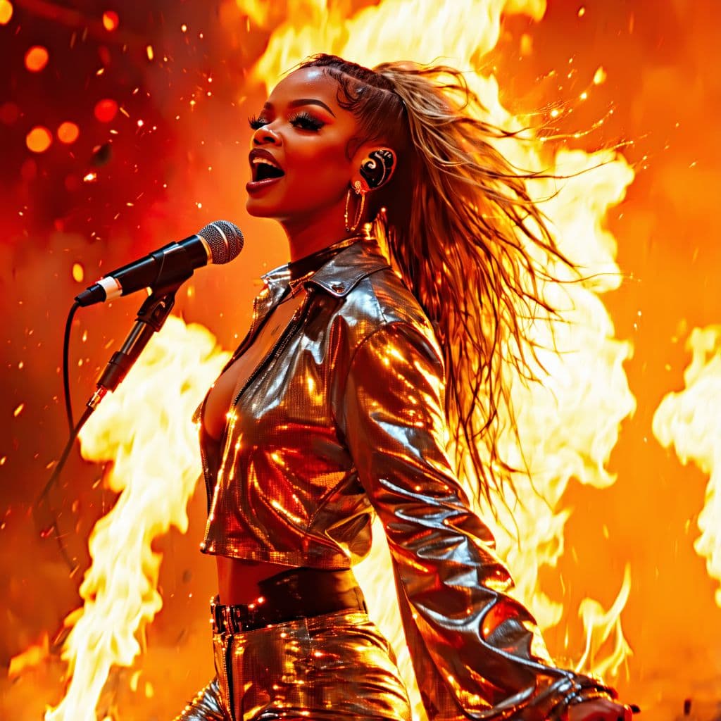 AI generated: a powerful female pop icon performing live on a massive futuristic stage, surrounded by flames and l...