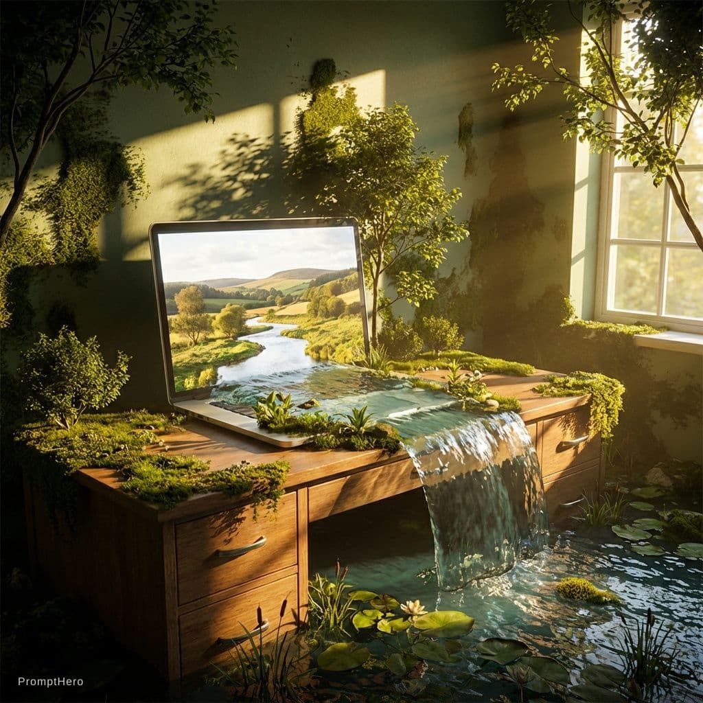 AI generated: On a desk, a laptop displays a wallpaper of a countryside landscape with a small river. The landscap...