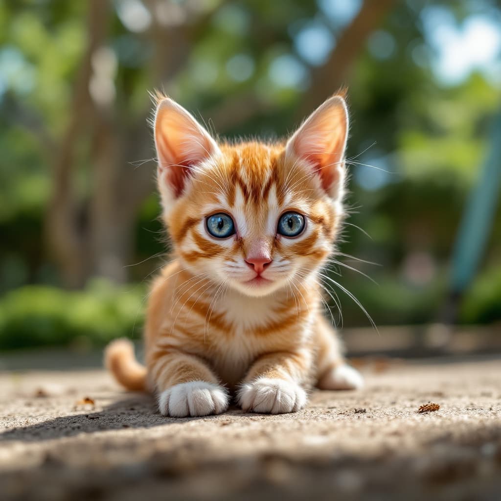AI generated: Gato pequeño con ojos azules, pelo color canela y que esté tumbado al sol en un parque