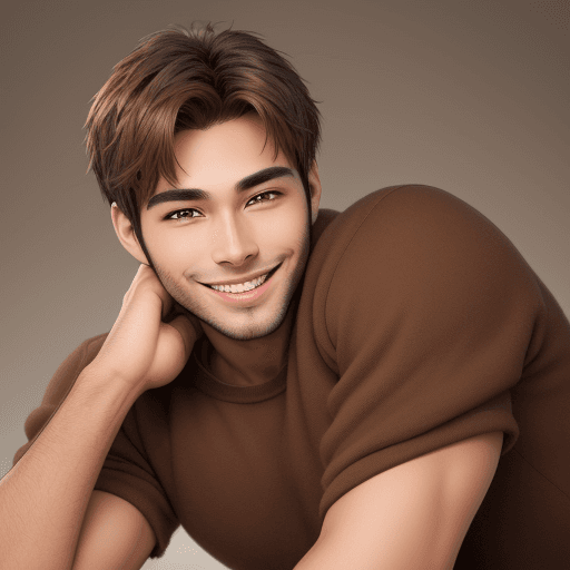 AI generated: attractive male, snuggle brown wolf, brown tone, clamp, uniformly staged images, smiling