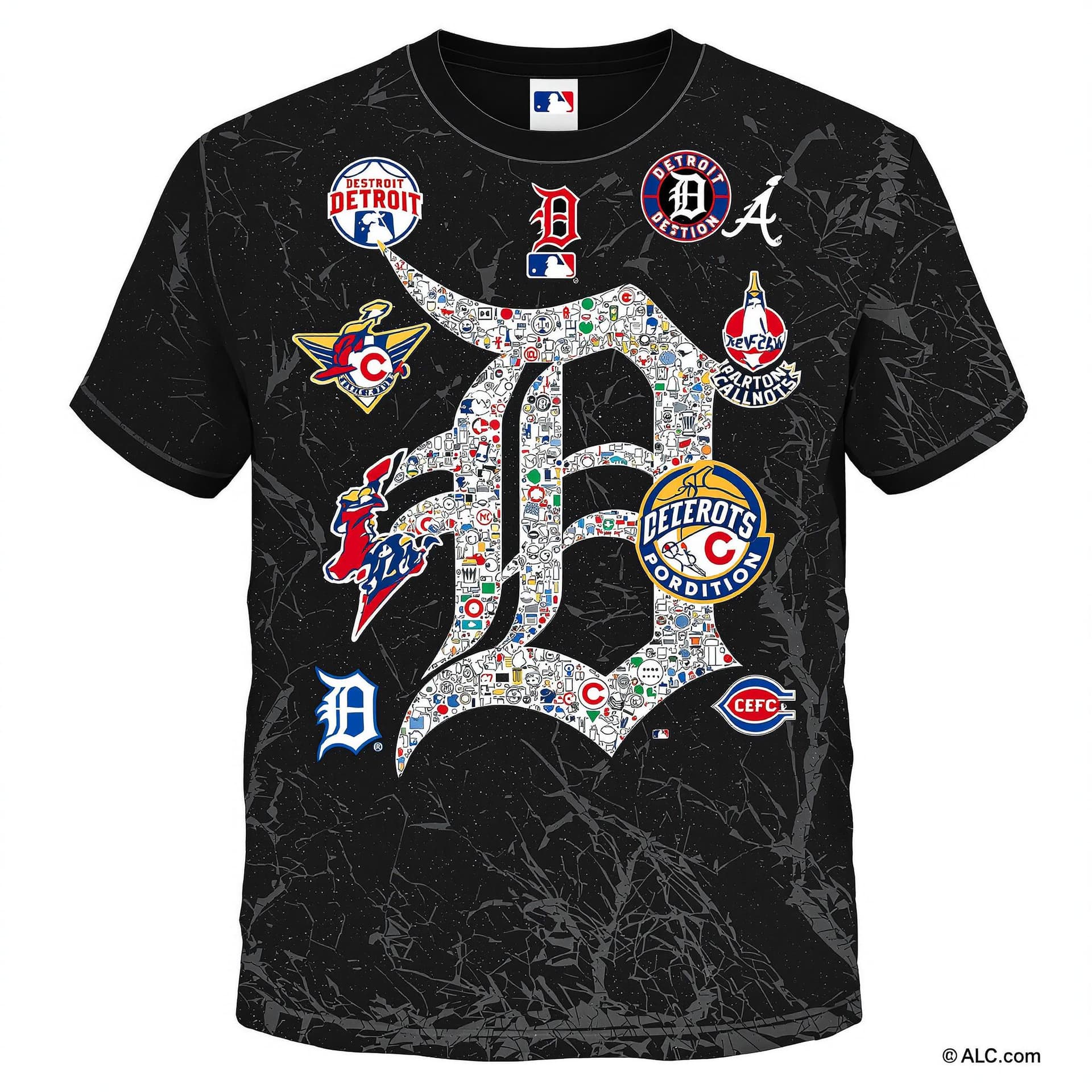 AI generated: Design a t-shirt design using all the detroit sports logos, in ultra realistic detailed.
