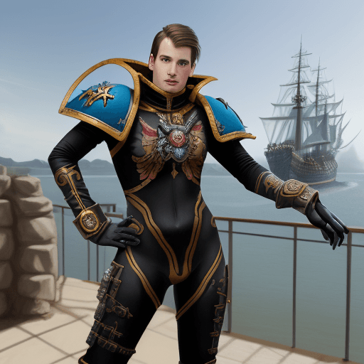 AI generated: Warhammer 40k male Noble BladeDancer in bodyglove suit full body painting. There is ship bridge in t...