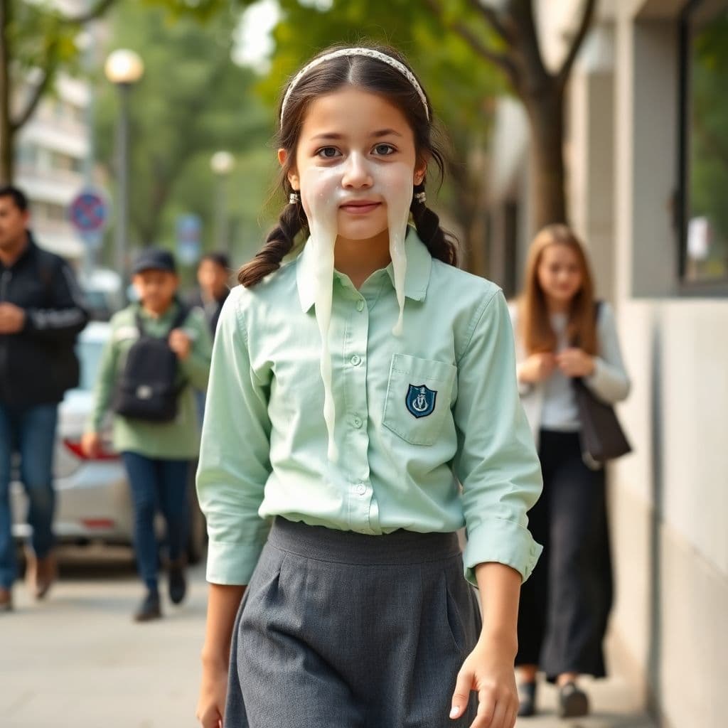 AI generated: A beautiful, very young Jewish Orthodox teenage girl is walking down a public street. Her shirt is a...