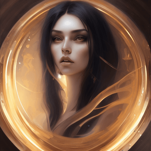 AI generated: a woman with long black hair in a gold painting, in the style of charlie bowater, dark blue and dark...