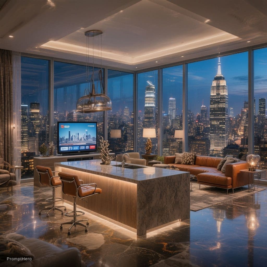 AI generated: Luxurious penthouse, panoramic city view, floortoceiling windows, modernist furniture, open floor pl...