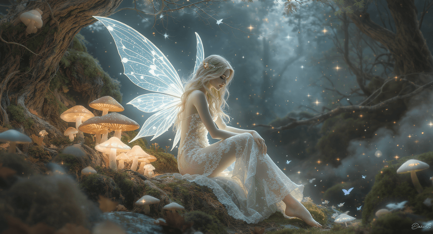 AI generated: (Ultra-high resolution,Hyper-detailed magical forest scene,Ethereal forest fairy with glowing wings:...
