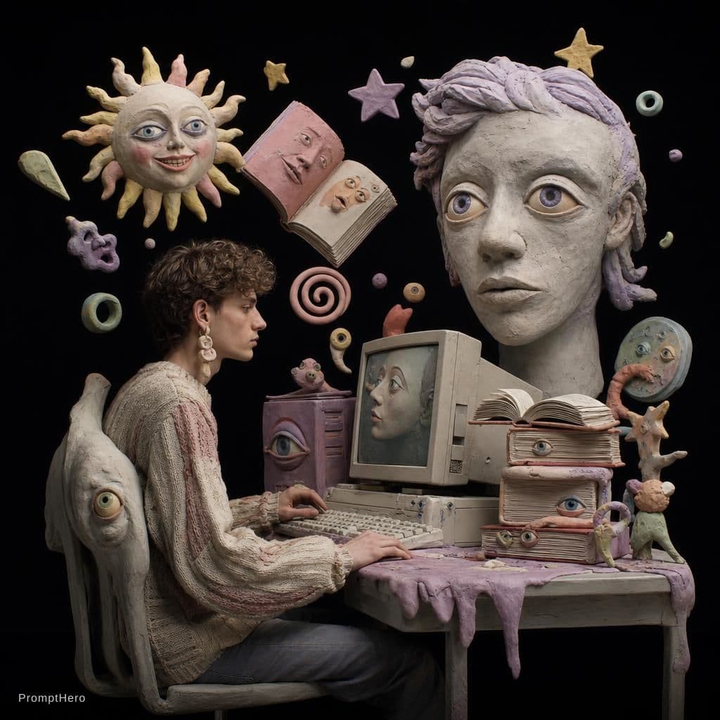 AI generated: surreal editorial composition, hyperrealistic human mixed with handmade plasticine sculptures, tacti...