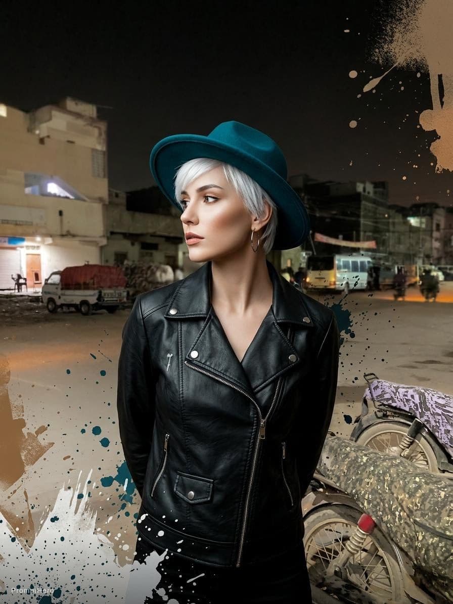 AI generated: a woman with white hair wearing a tight black jacket and a hat, in the style of mashup of styles, li...