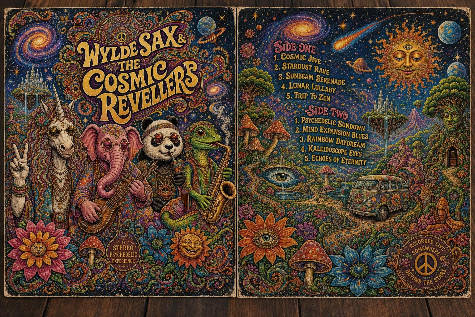AI generated: Vinyl record double LP embossed album cover, late-60s psychedelia style, opened to reveal vibrant le...
