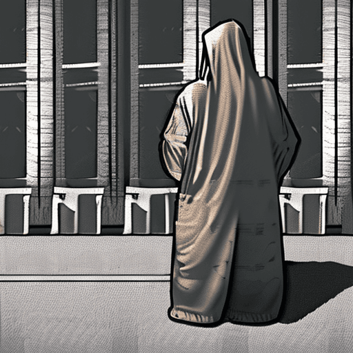 AI generated: Realistic image of post-apocalyptic city. Hooded person from the back.