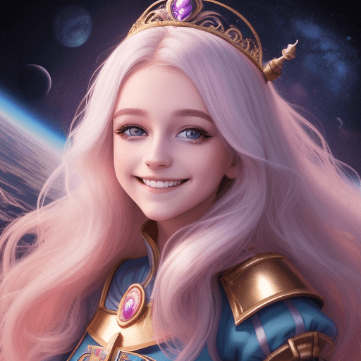 AI generated: junge smiling prinzessin des lichts, weiße kurze Haare, fantasy, gesichtstatto, space, 8k, lichtmagi...
