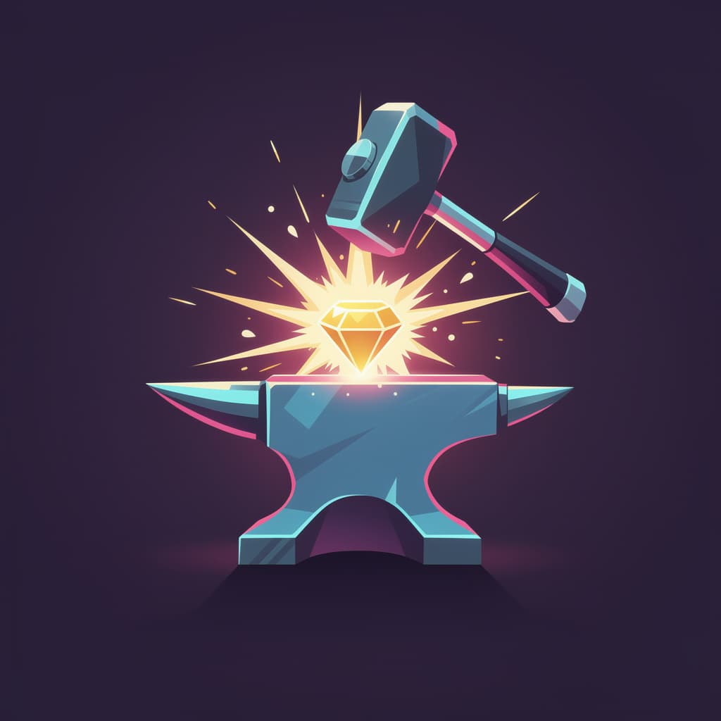 AI generated: stylized digital anvil with energy hammer above, moment of impact with 
bright spark burst, gradient...