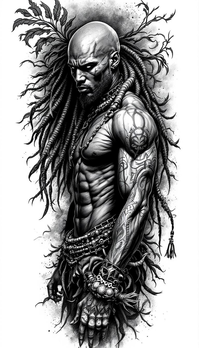 AI generated: Main Theme:
Create a black and grey tattoo design of the orisha Ogum, depicted as a powerful, divine...