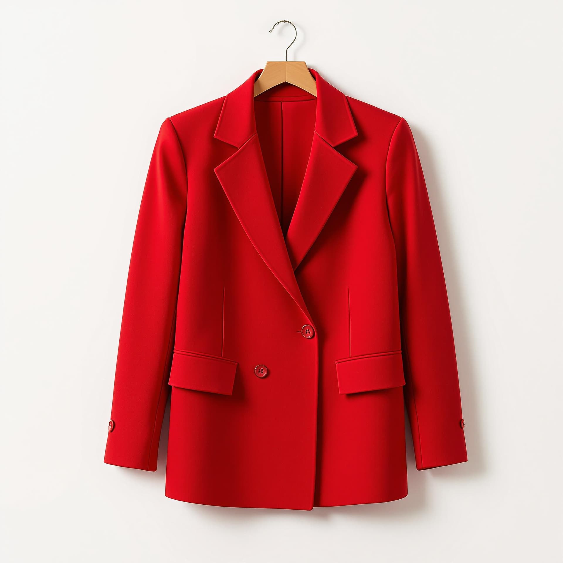 AI generated: This is an image of a red women's jacket made in an elegant and minimalist style. The jacket has a d...