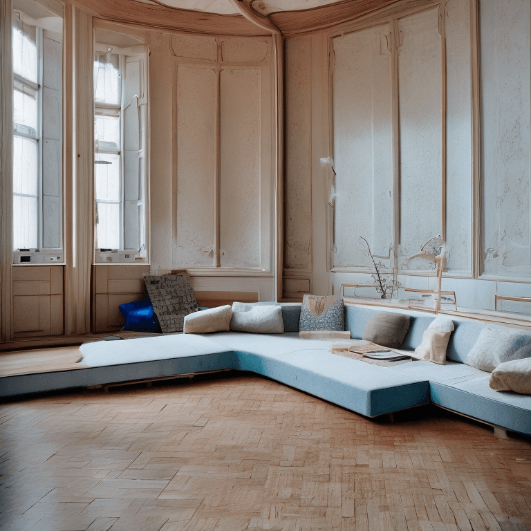 AI generated: High resolution photography interior design, dreamy sunken living room conversation pit, wooden floo...