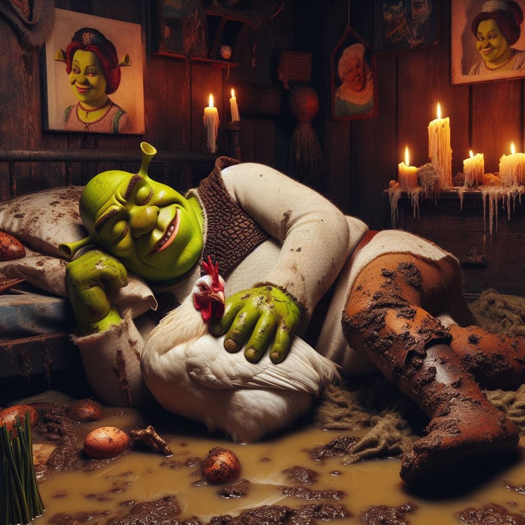 AI generated: Shrek sleeping hugging a chicken in his filthy muddy room with pictures of funny Shrek and candles, ...