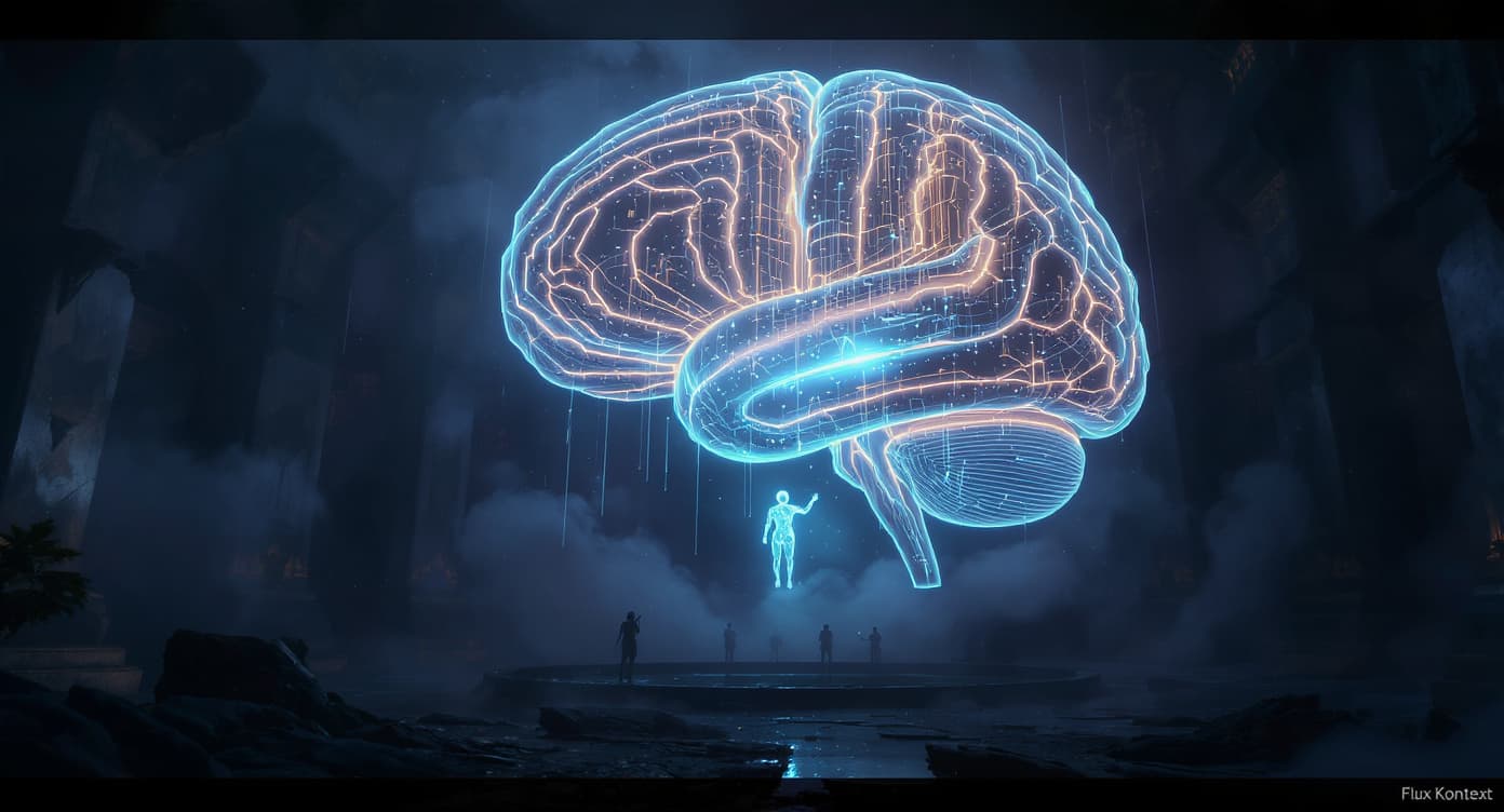 AI generated: Inside a dark futuristic art temple, a group of human artists observe a giant translucent brain floa...