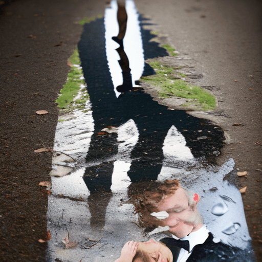 AI generated: A wedding photograph ripped in half and discarded in a puddle on the ground. Puddle reflecting a man...