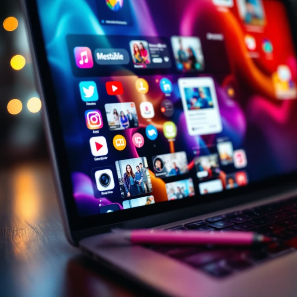 AI generated: A laptop screen with vibrant social media icons and engaging post visuals
 dslr, ultra quality, shar...