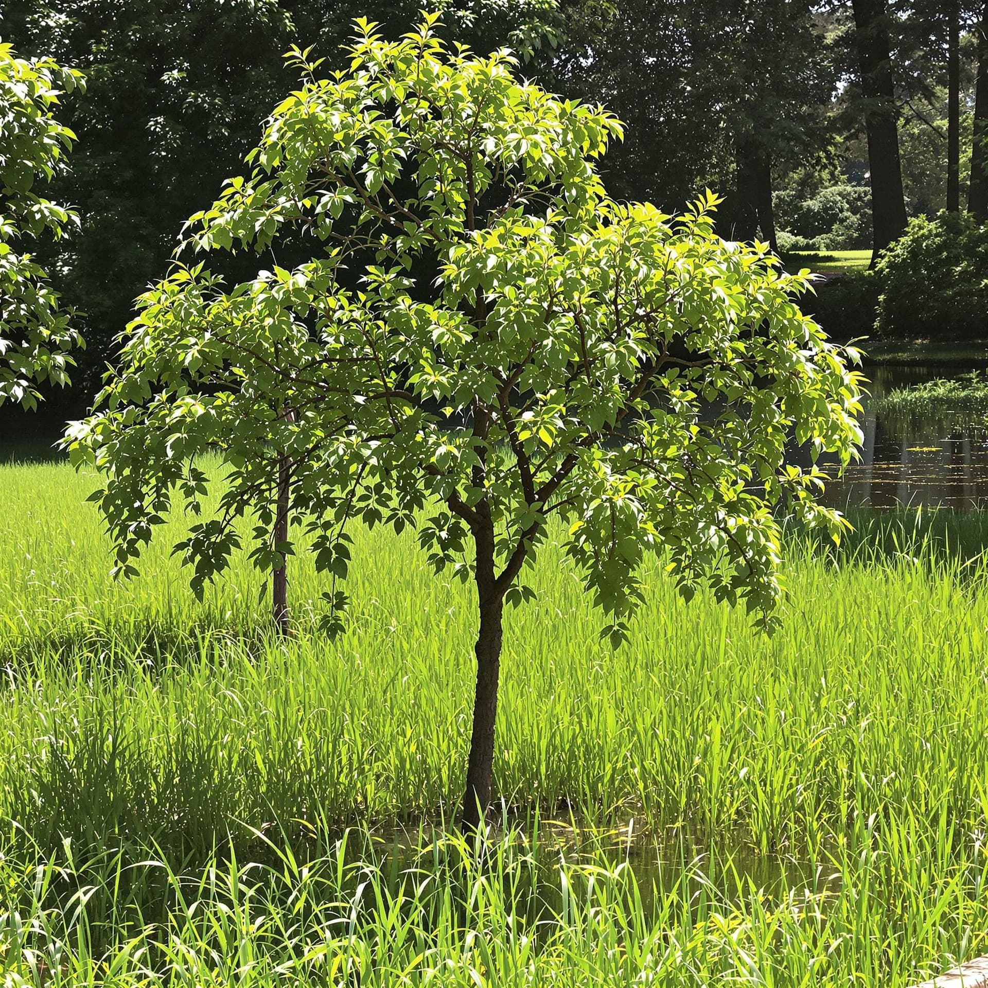 AI generated: LuLush greenery of tree with greenish grass in pond with sunshine sh greenery of tree with greenish ...